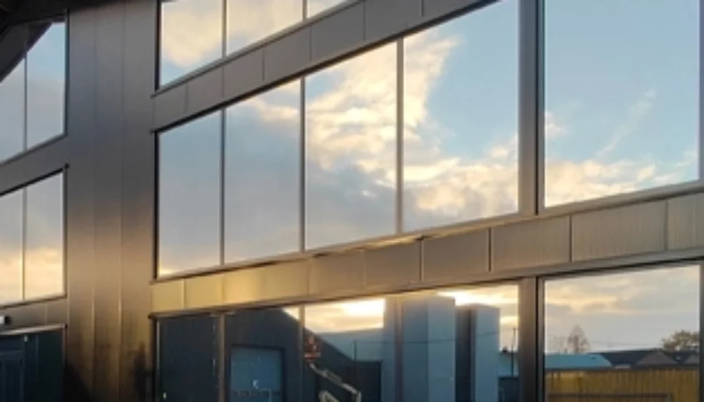 Grote glasgevel voorzien van zonwerende raamfolie bij Vredo, voor minder opwarming en betere energie-efficiëntie.